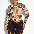 Women's Autumn Printed Sheer Mesh Long Sleeve Turtleneck Hollow Out