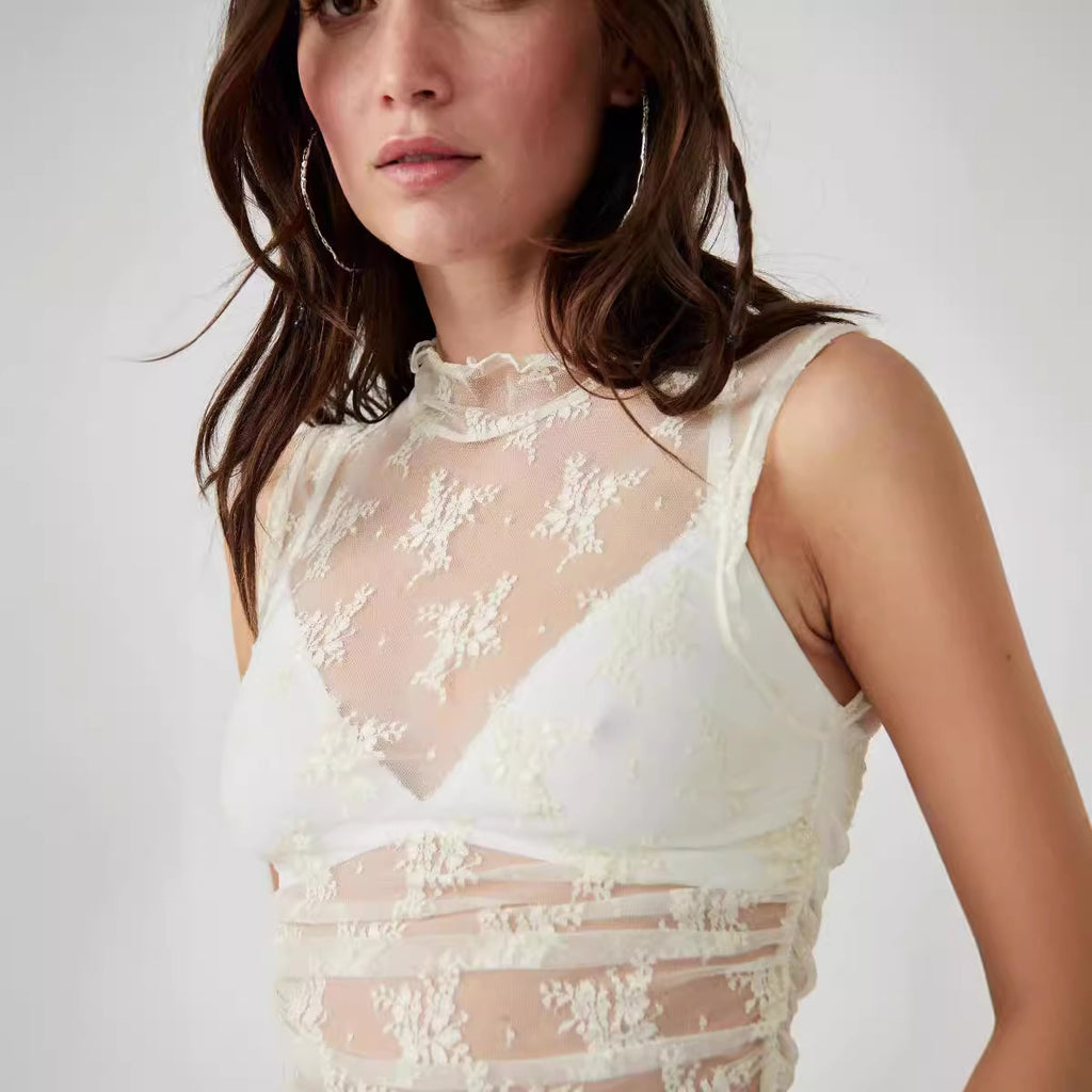 's Design Lace Inner Top Fashionable See Through Mesh Vest