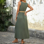 Women's Summer Midi Split Solid Color Sleeveless Crew Dress