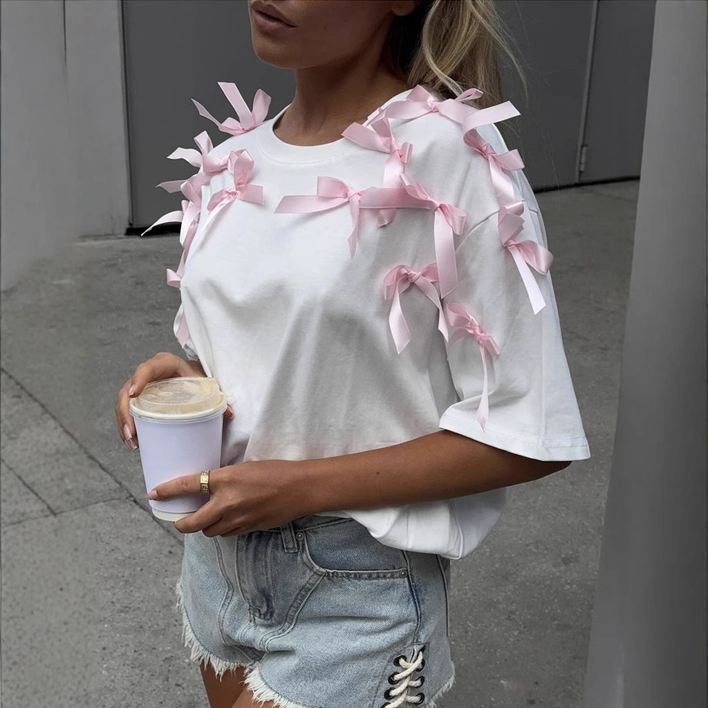 Women's Women's's Cute Girl Ribbon Bow Loose Short Sleeve T-Shirt Loose Cotton