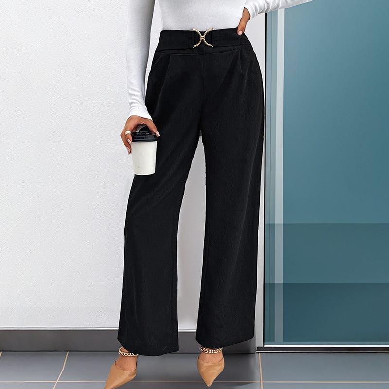Solid Color With Buckle High Waist Straight Pants
