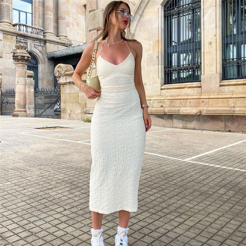 Low Cut V-Neck Hollow Out Cutout Backless Halter Lace Up Dress
