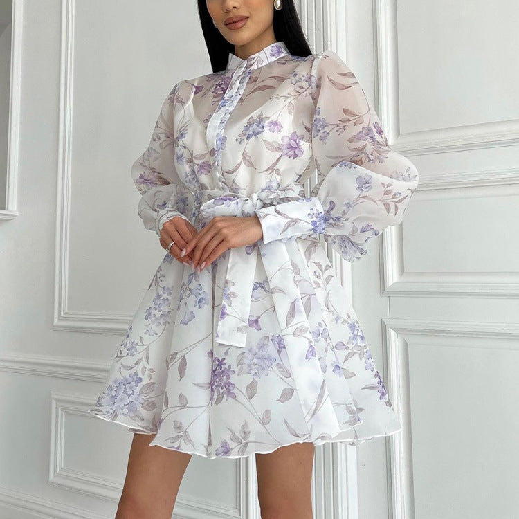 Elegant Stand Collar Long Sleeve Lace Printing A line Cami