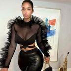 Women’s Black Sheer Mesh Criss Cross Long Sleeve Top
