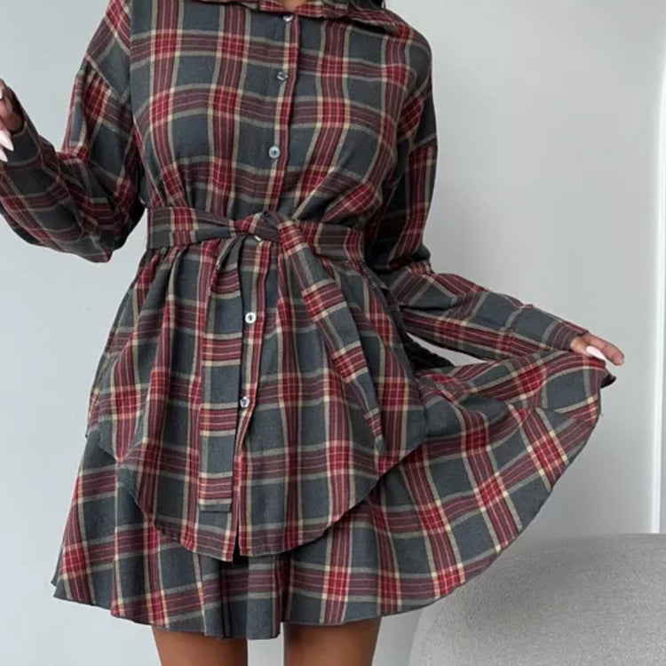 Check Skirt Set Collared Loose Shirt Lace