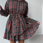 Check Skirt Set Collared Loose Shirt Lace