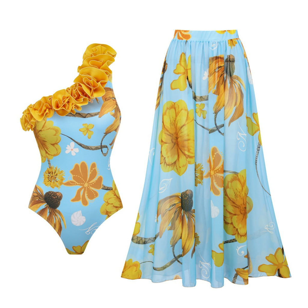 Women's Floral One-Shoulder Dress & Long Skirt Set