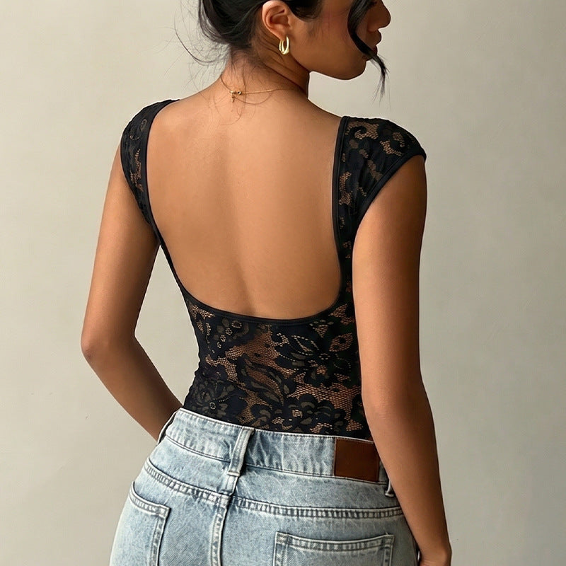 Short Sleeved Shirt for Women Summer Backless Stitching