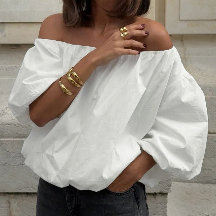 Gentle Cotton White Small Asym off Shoulder Design Blouse