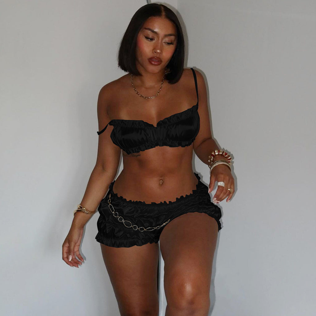 Women's 's Ruffle Crop Top & Shorts Two-Piece Set