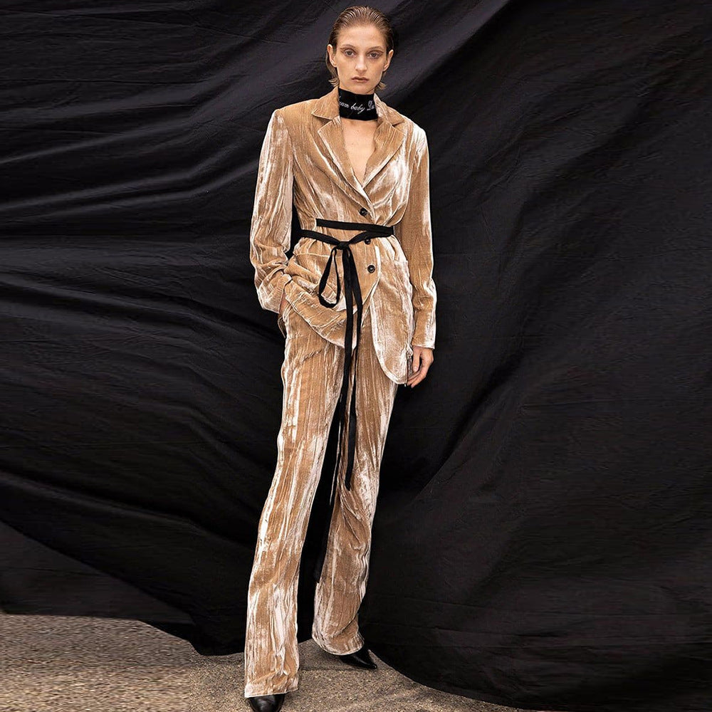 Women's Gold Velvet Belted Coat and Pants Two-Piece Set