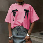 Bowknot Stitching Loose Casual Short Sleeve Round Neck Lazy Casual Summer T Shirt Women