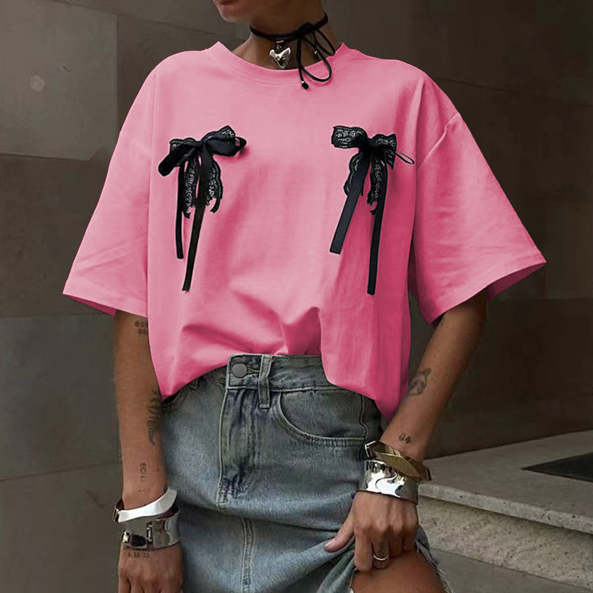 Bowknot Stitching Loose Casual Short Sleeve Round Neck Lazy Casual Summer T Shirt Women
