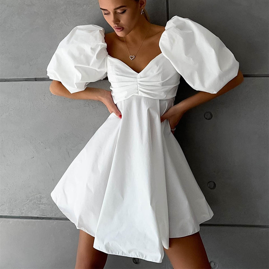 Off-Neck Puff-Sleeve A-Line Dress