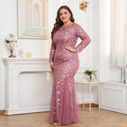 Women's Plus Size Long Sleeve Round Neck Lined Back Zip Fishtail Dress