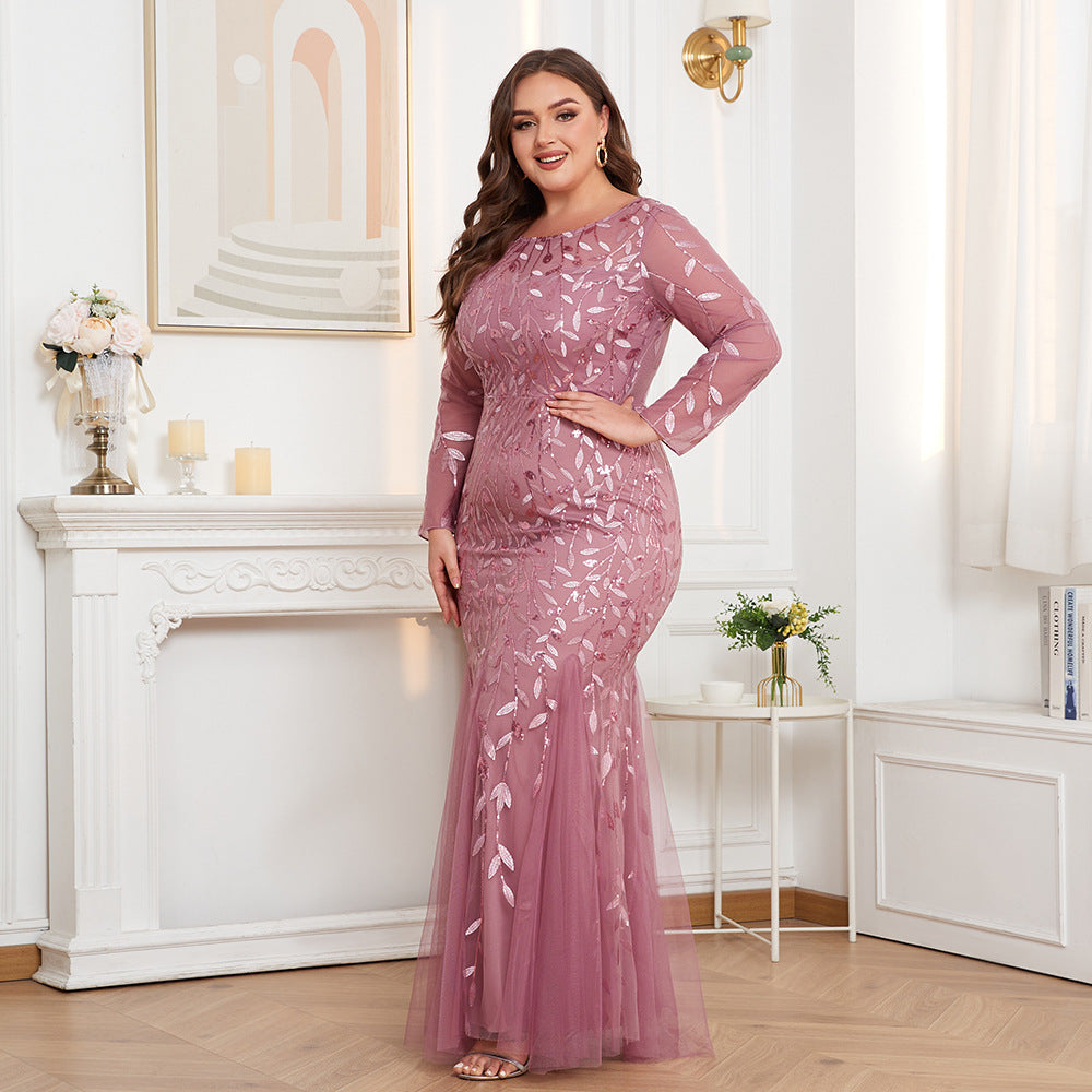 Women's Plus Size Long Sleeve Round Neck Lined Back Zip Fishtail Dress