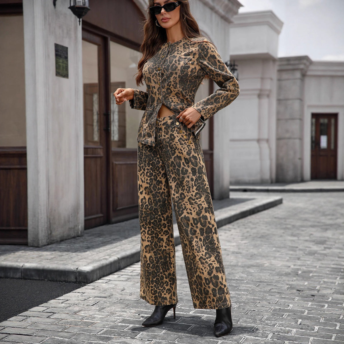 Women's Washed Leopard Print Elegant Denim Long Sleeved Tops Set