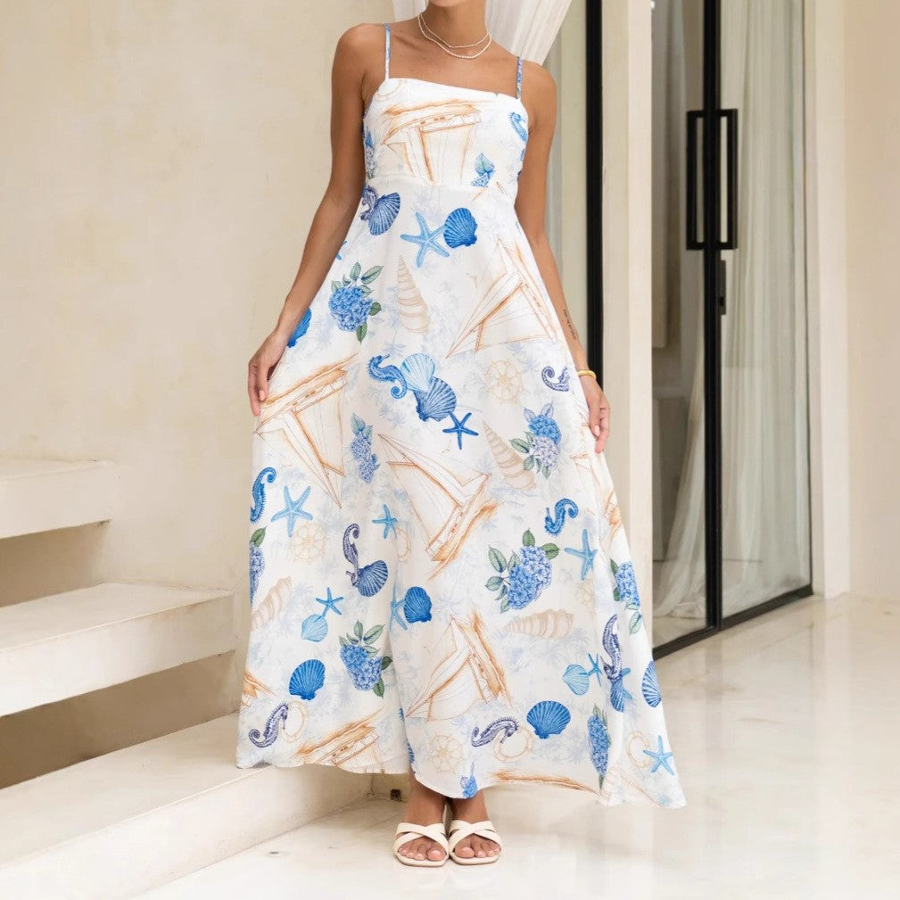 Women's Summer Vacation Nautical Print Casual Sling Maxi Dress