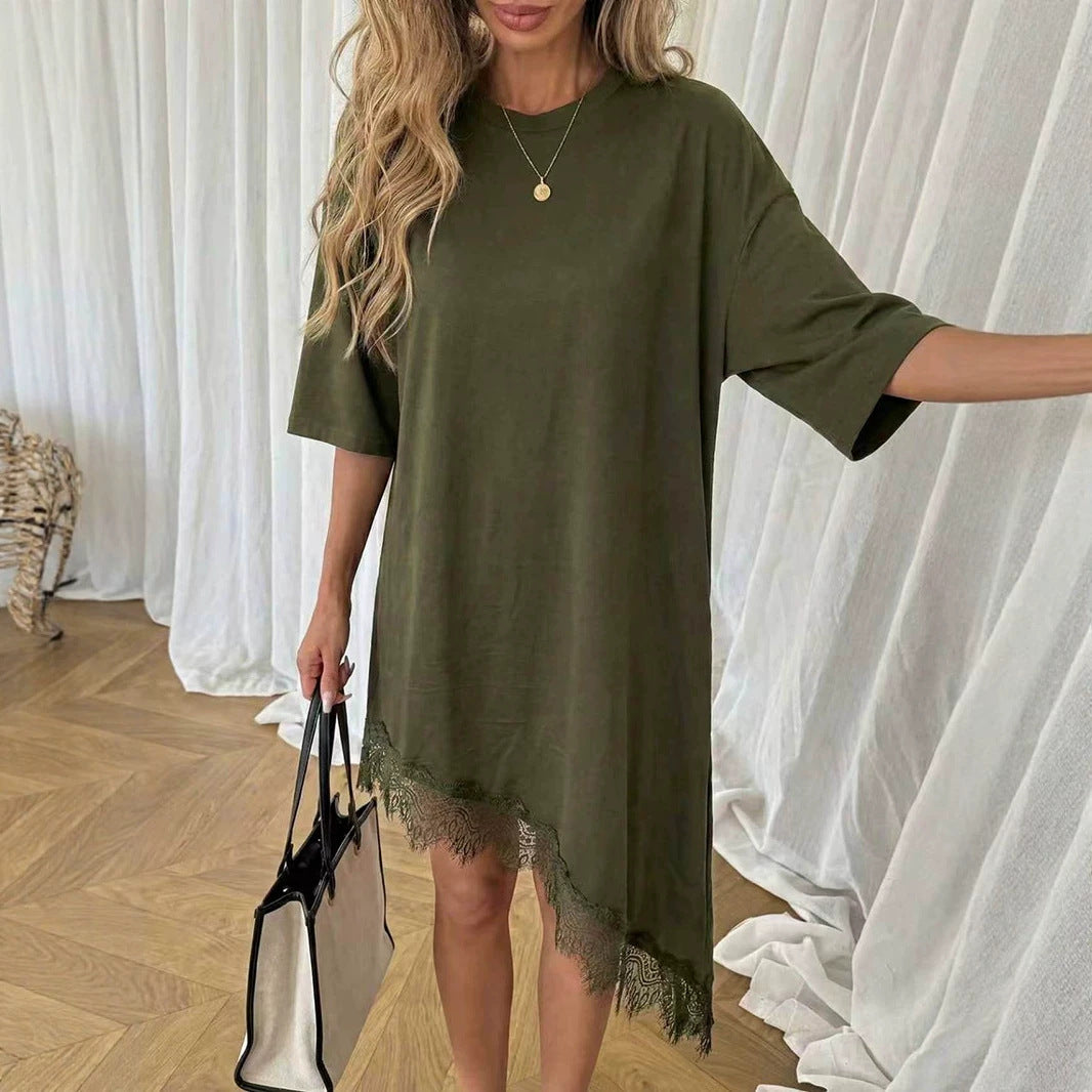 Army green short-sleeve summer dress with loose cut and scalloped lace-trim hem