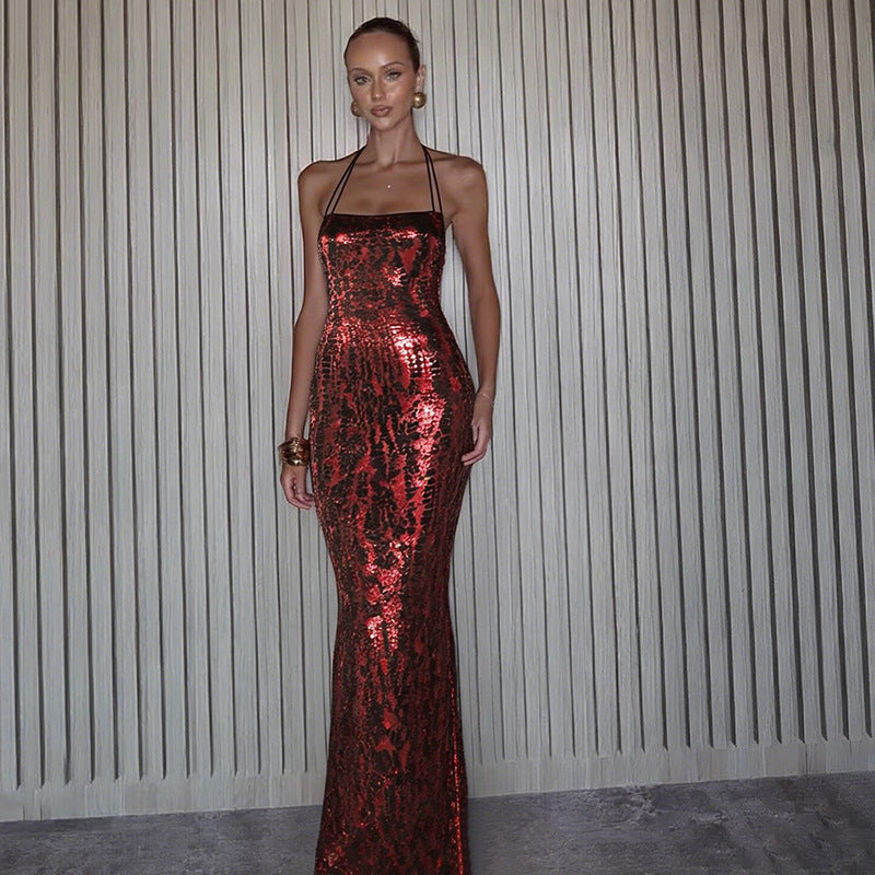 Women's Halter Backless Sequin Maxi Dress