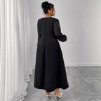 French Maxi High-Waist Ruched Design Square-Neck Long-Sleeve Dress
