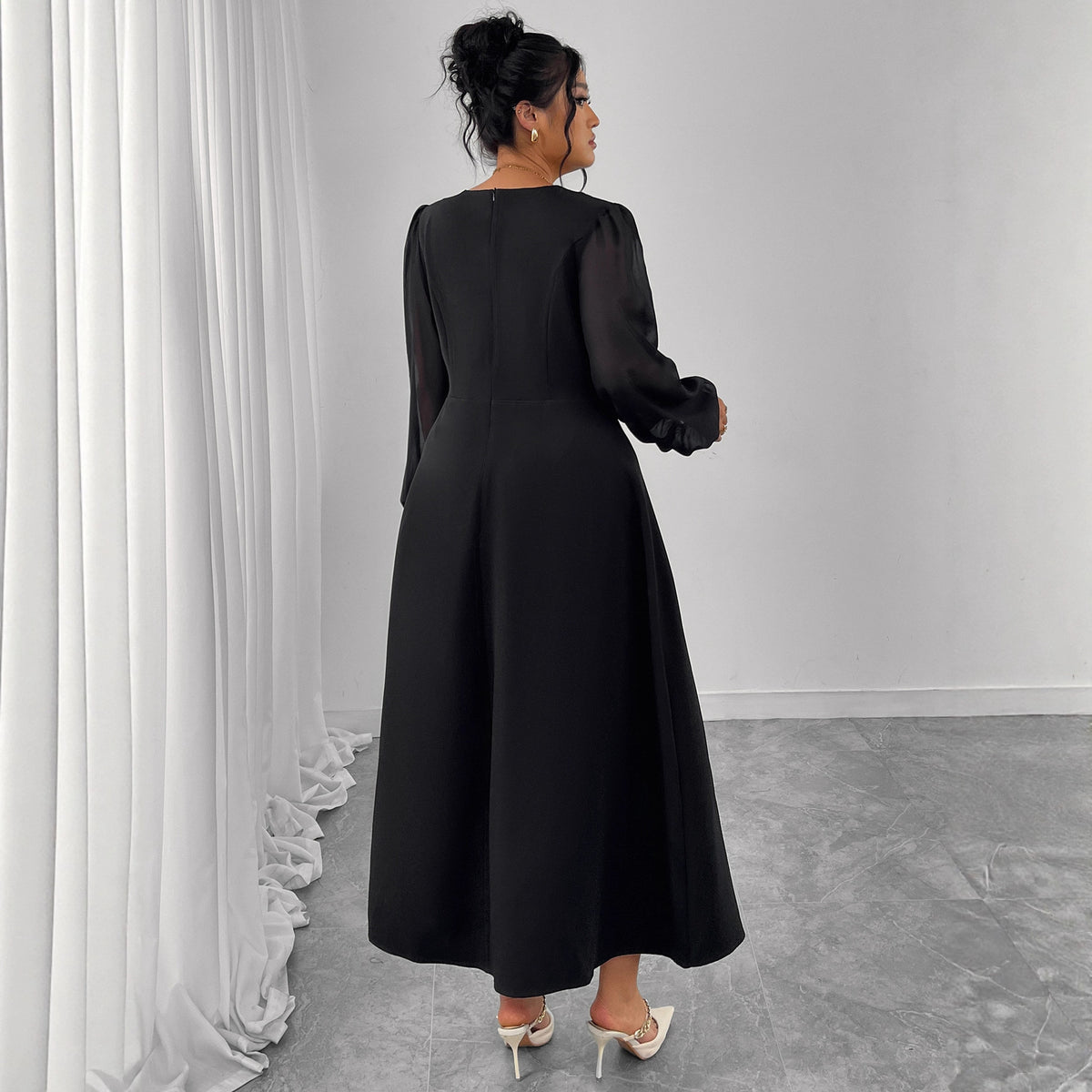 French Maxi High-Waist Ruched Design Square-Neck Long-Sleeve Dress