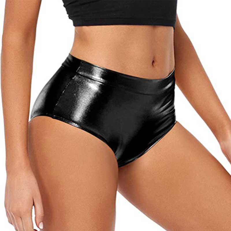 Metallic black coated performance shorts with high waist and reflective surface