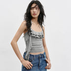 Solid Color Ruffles Design Slim Short Halter Spaghetti Straps Top