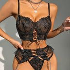 Sexy Dark Pattern Mesh Strap Stitching Split Three Point Sexy Lingerie Set
