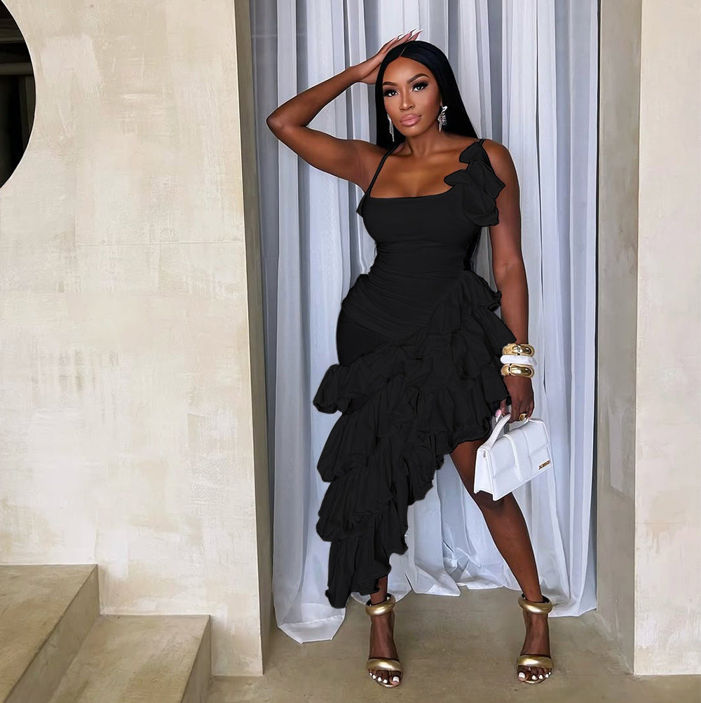 Asymmetric Ruffled Strappy Dress