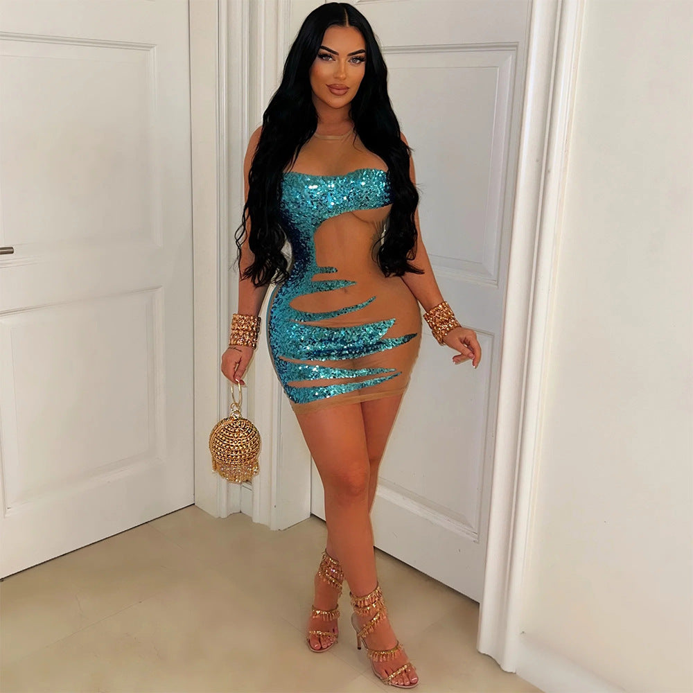 Round Neck See Through Sequin Model Hip A Line Dress