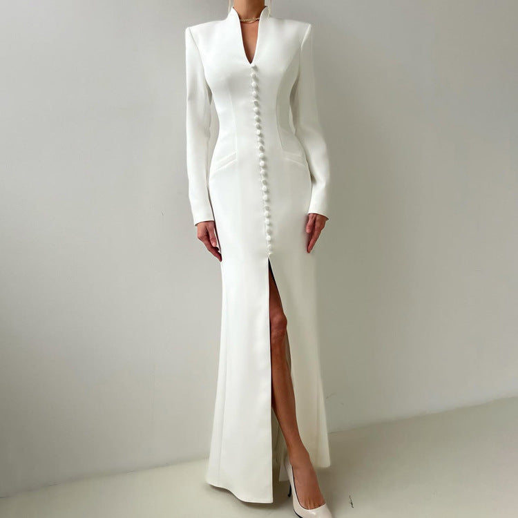 V-Neck Long-Sleeve Split Maxi Dress
