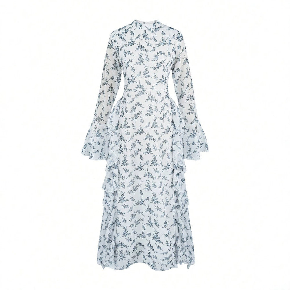 Women's Printed Lace-Up Waist Maxi Dress