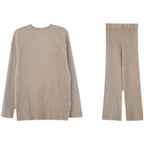 Solid Color Split Sweater Wide Leg Pants Spring Loose Autumn Knitting Suit Two-Piece Set