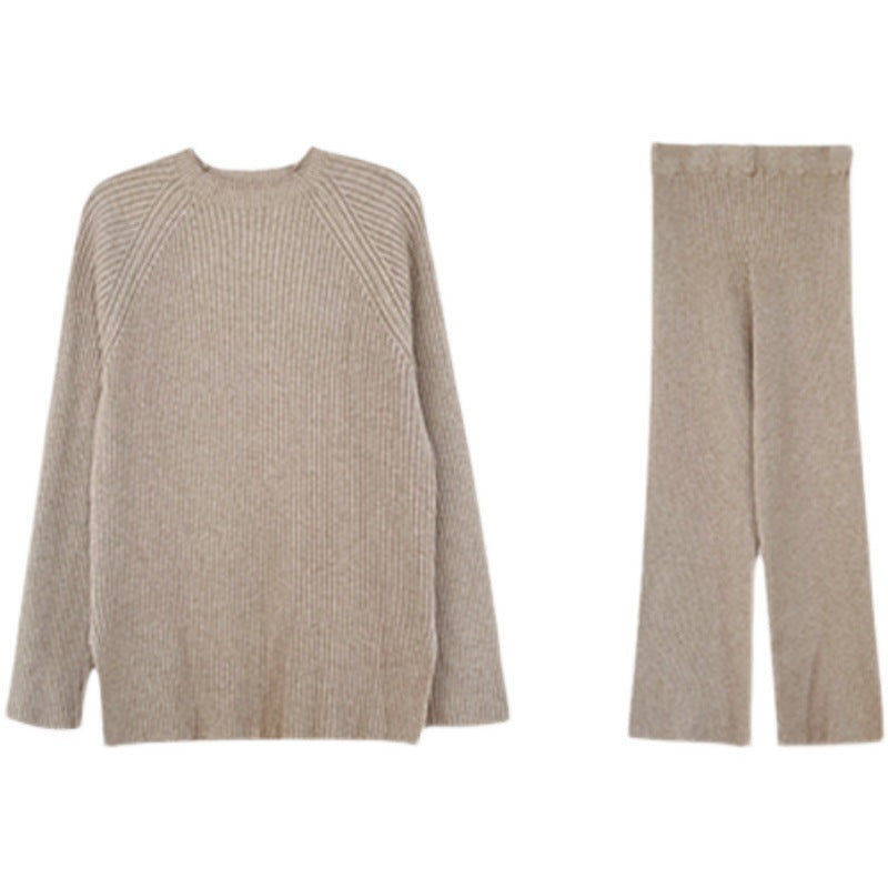 Solid Color Split Sweater Wide Leg Pants Spring Loose Autumn Knitting Suit Two-Piece Set