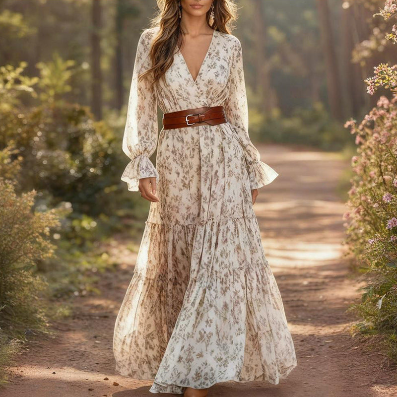 Printed V-Neck Mori Bohemian Dress