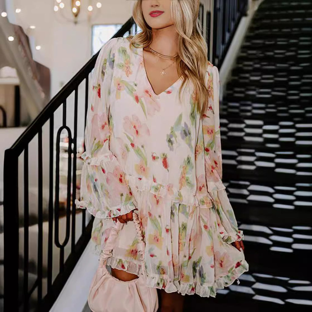 Sweet Ruffled Double V-Neck Printed Loose Mini Dress