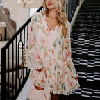 Sweet Ruffled Double V-Neck Printed Loose Mini Dress