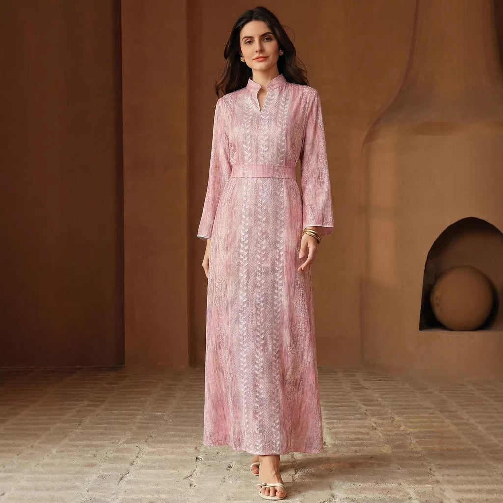 Women's Middle East Muslim Spring Summer Applique Robe Dress With Belt