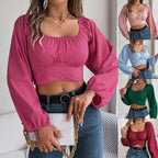 Women's Spring Summer Casual Lantern Sleeve Lace Up Waist Chiffon Shirt Cropped Top Women Clothing