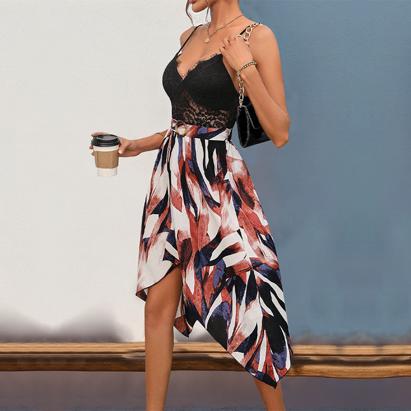 Women's Women's's V Neck Strap Asymmetric Lace Stitching Dress