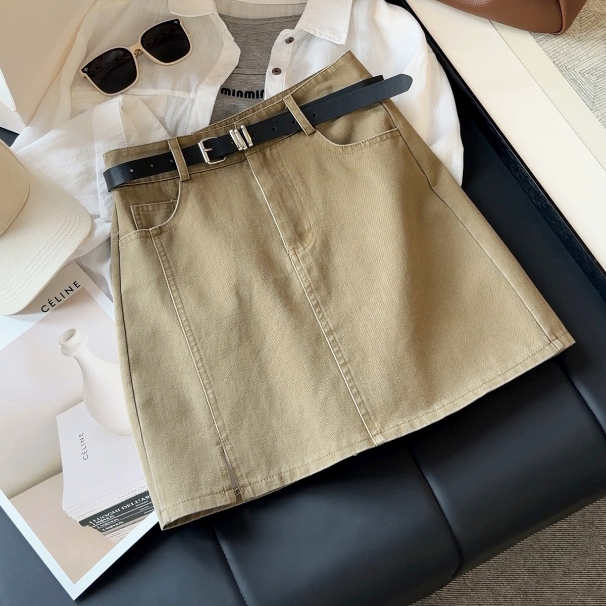 Women's Khaki High-Waist A-Line Mini Skirt