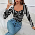 Women's Popular Women Short Sleeved T Shirt Striped Comfortable Sexy Slim Fit