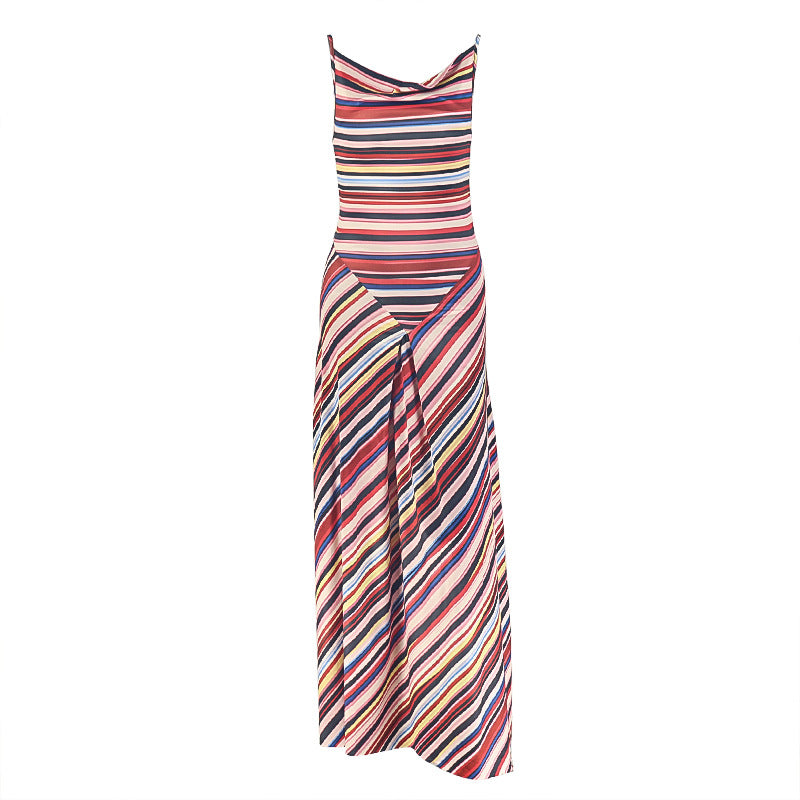 Slim Fit Women Printed Striped Color Matching A Line Spaghetti
