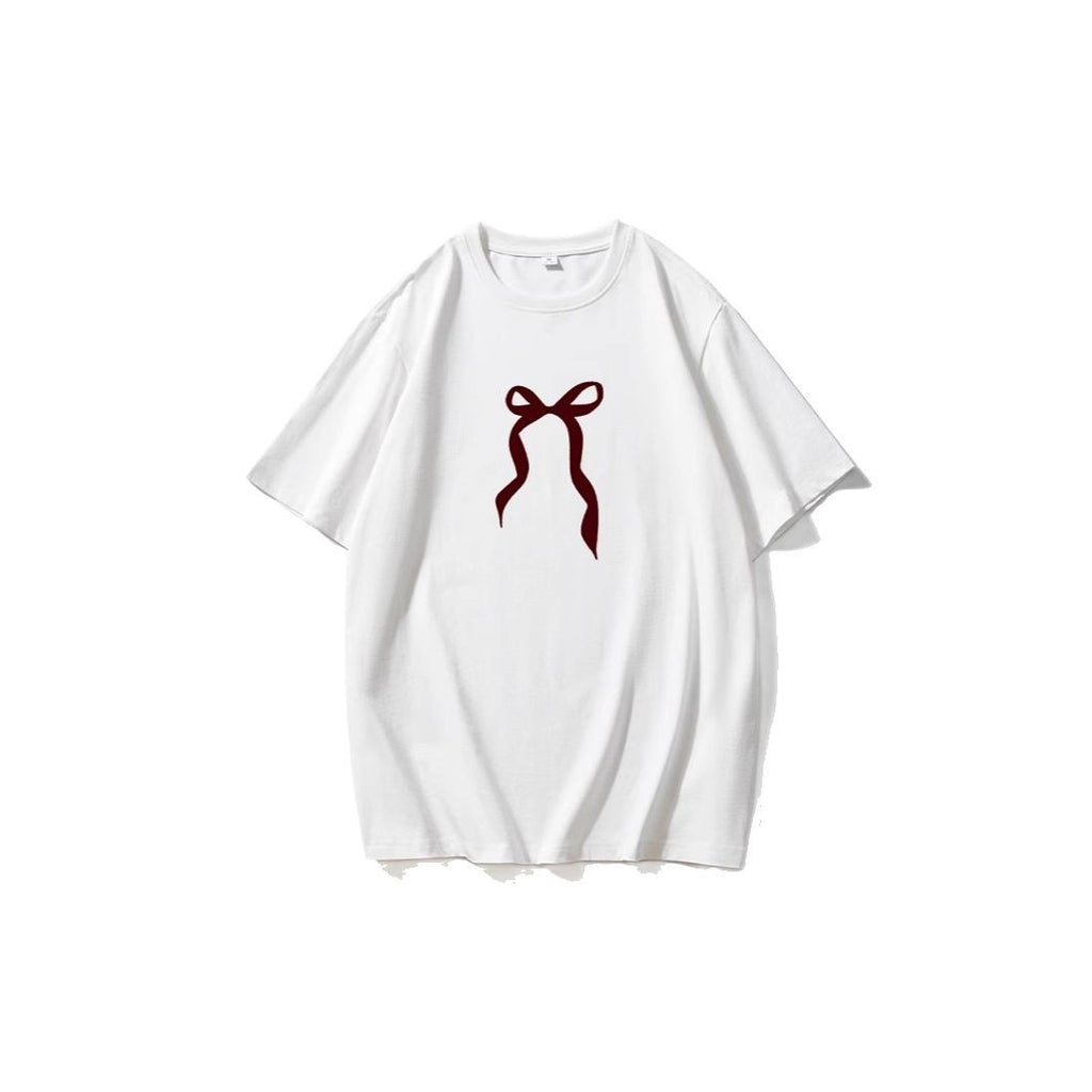 Women's Retro Simplicity Bowknot Printed T Shirt Women Summer Loose Round Neck Cotton Short Sleeve
