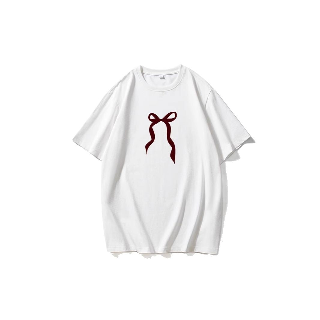Women's Retro Simplicity Bowknot Printed T Shirt Women Summer Loose Round Neck Cotton Short Sleeve