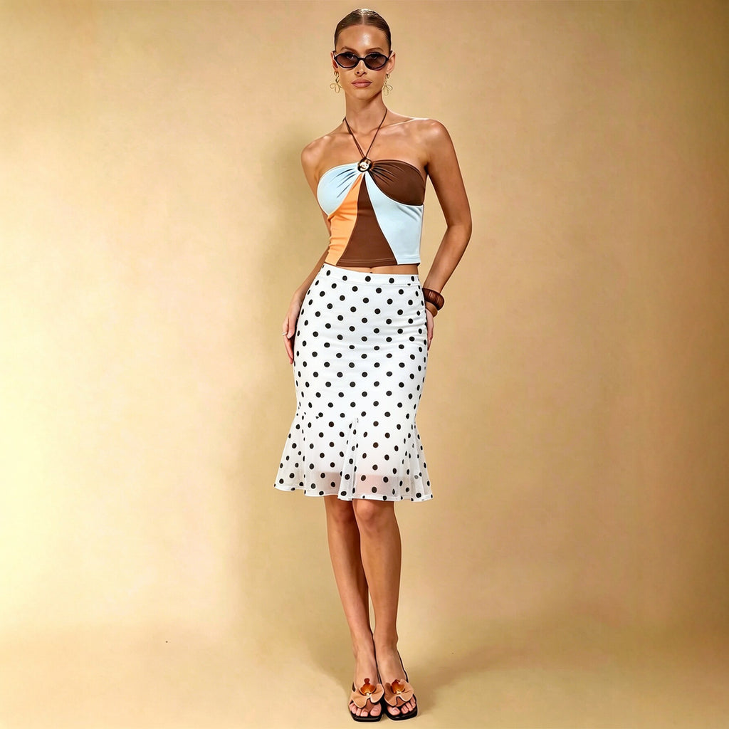 Summer Dot Mesh Fishtail Skirt Retro Ruffled Waist Tight