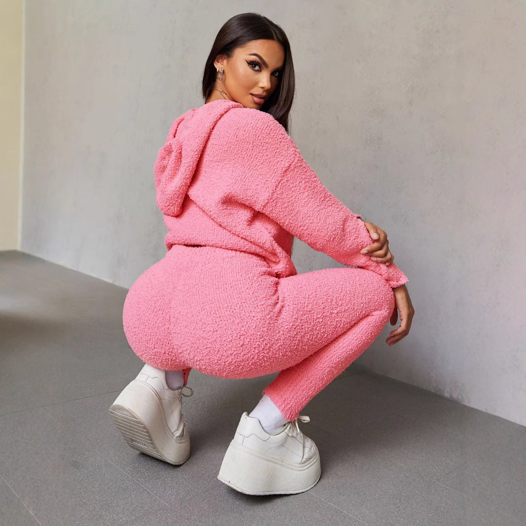 Autumn Winter Sweater Casual Hooded Plush Slim Fit Two Piece Sets
