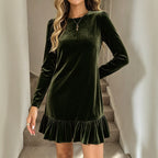 Women's Crew-Neck Velvet Ruffle Long-Sleeve Dress