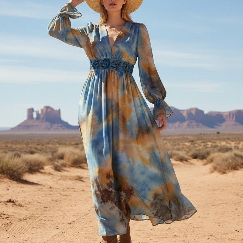 Printed Long Sleeve Vacation Maxi Dress